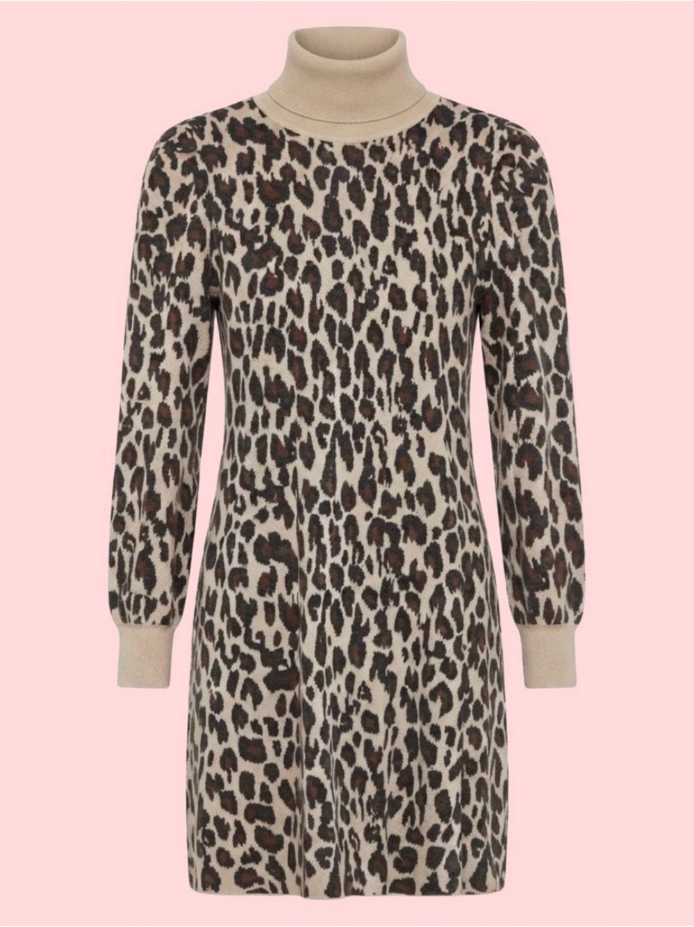 Just Taylor - Sweater Dress - Mock Turtleneck Puff Sleeves - Leopard Print - L